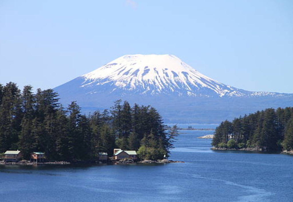 Mount Edgecumbe volcano and forested islands in Sitka Sound Alaska